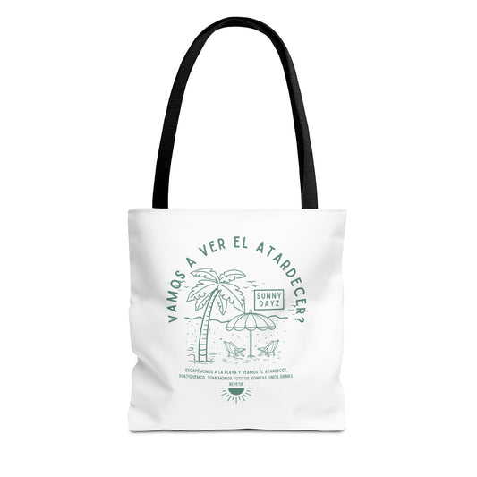 Tote Bag - "Vamos a ver el atardecer?" Tropical Vibes, Beach Essentials, Eco-Friendly, Travel Tote bag